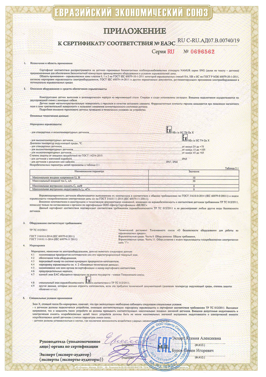 Сертификат особовзрывобезопасных герконовых датчиков SNG (стр.2)